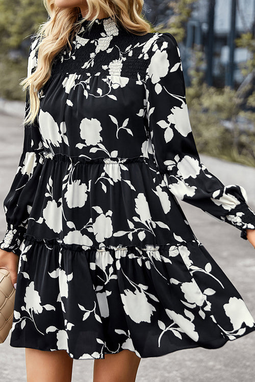 Smocked Mock Neck Balloon Sleeve Tiered Floral Print Mini Dress