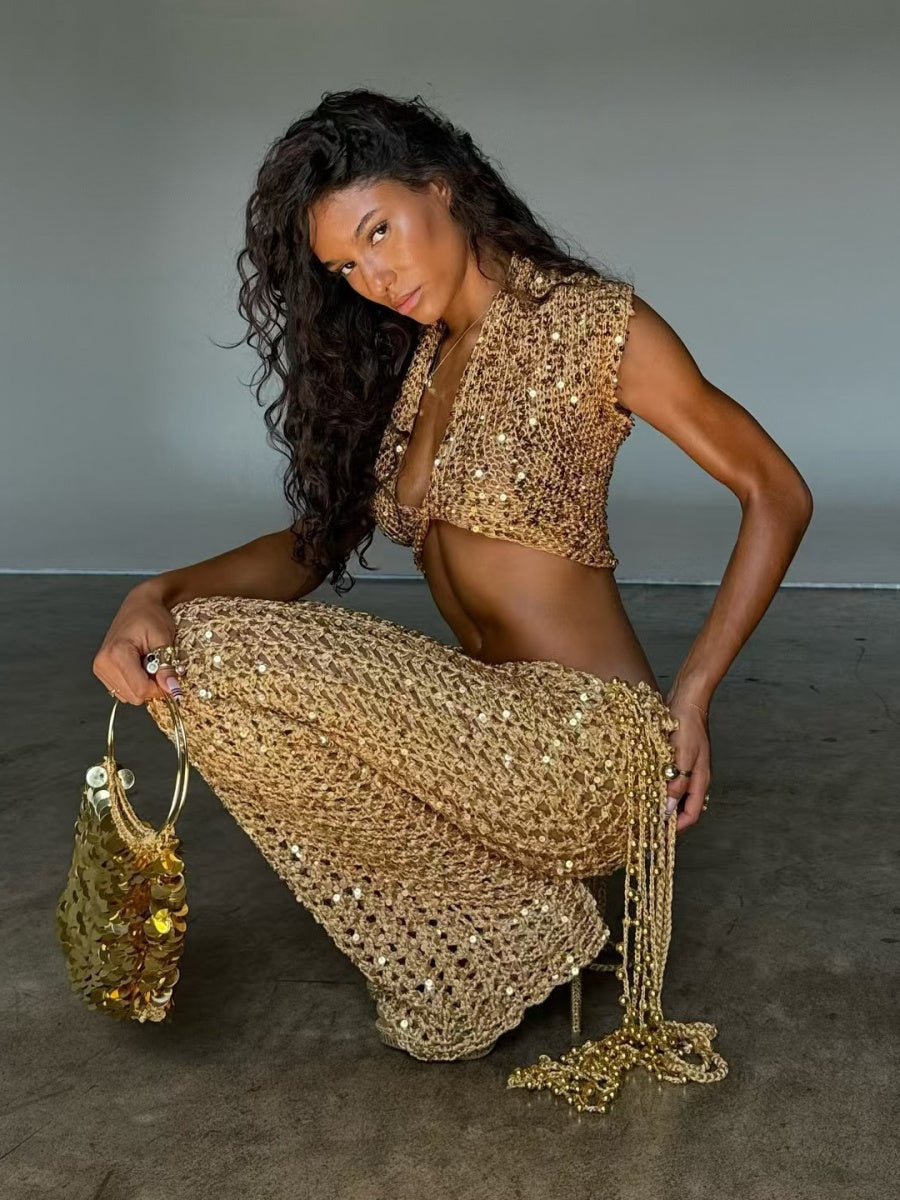 Sexy And Sexy Two-piece Sequined Openwork Set