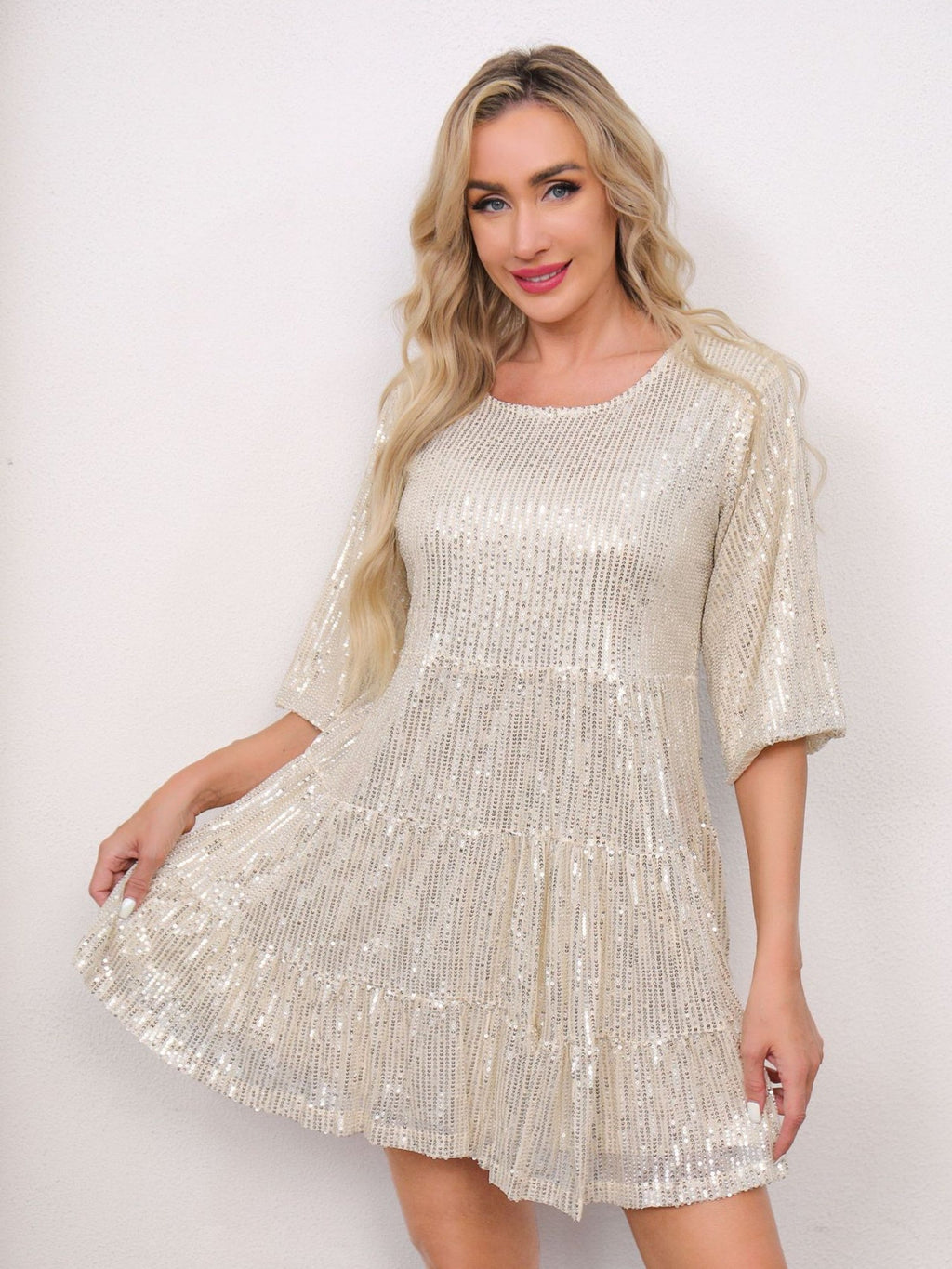 Sequins Pleated Multi-story Crew Neck Short Sleeve Mini&Short Dresses