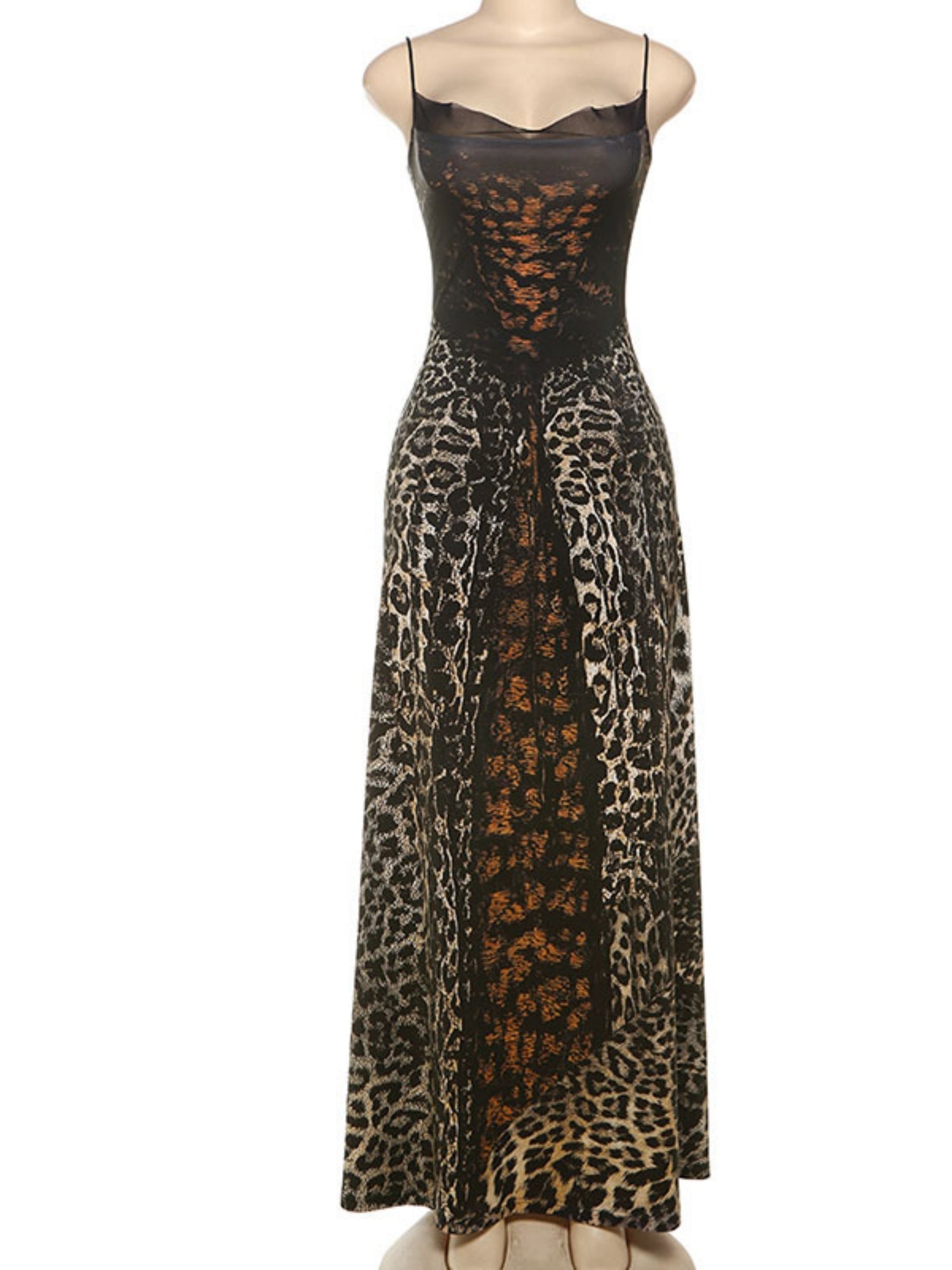 Leopard Print Lace Patchwork Backless Strappy Maxi Dresses