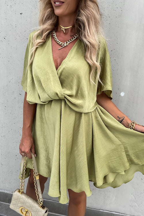 Satin Wrap Front Twist Waist Flutter Sleeve Ruffle Hem Mini Dress