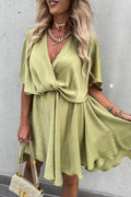 Satin Wrap Front Twist Waist Flutter Sleeve Ruffle Hem Mini Dress