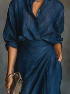 Solid Color Irregular Pleated Long Dress With Belt