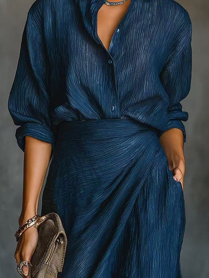 Solid Color Irregular Pleated Long Dress With Belt