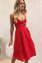 Linen Spaghetti Strap Tie Front Cut Out Button Front A-Line Midi Dress