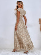 Floral Lotus Leaf Sleeves V-neck Vacation And Leisure Maxi Dresses
