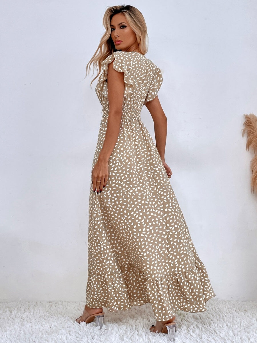Floral Lotus Leaf Sleeves V-neck Vacation And Leisure Maxi Dresses