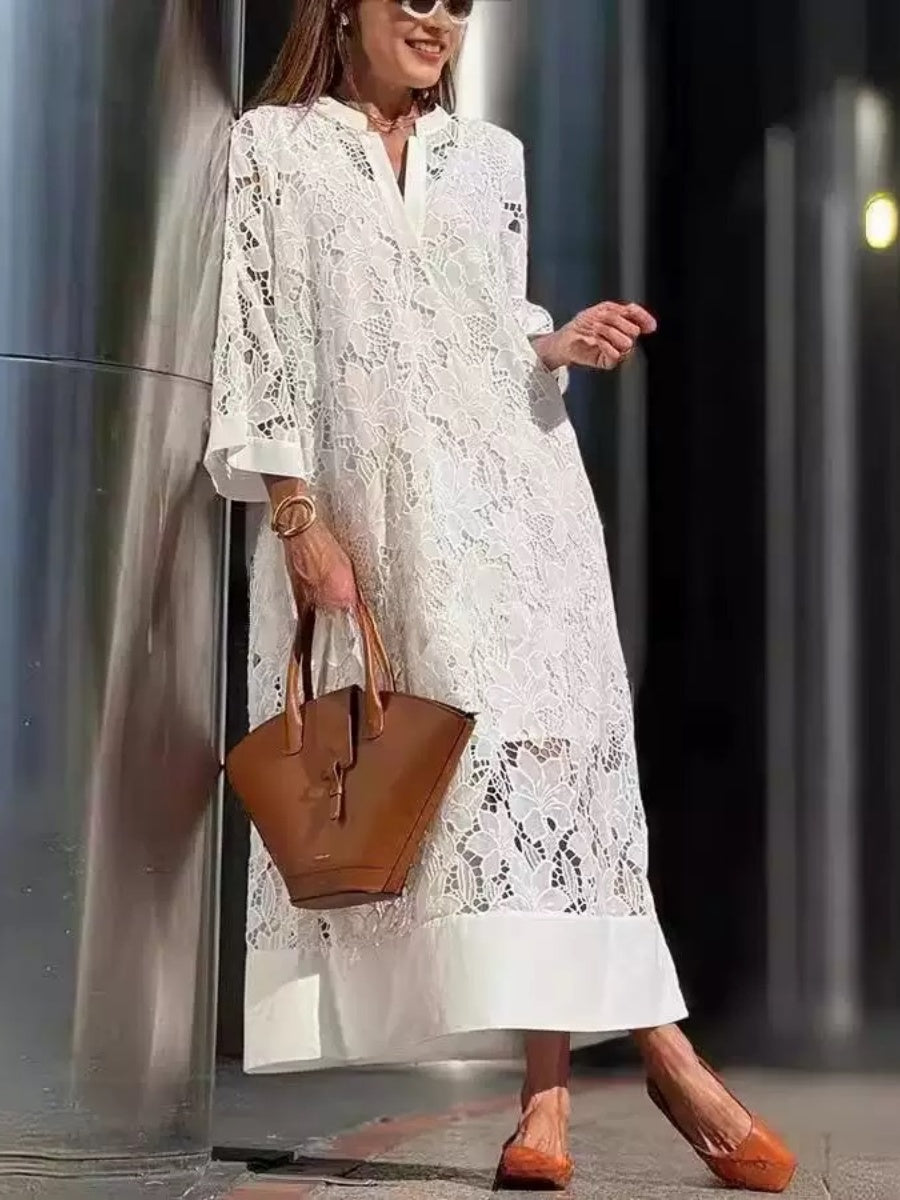 Applique 3D V-neck Straight-fit Long Sleeve Grace Maxi Dresses