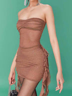 Rhinestone-studded Mesh See-through Strapless Ribbon Hip Wrap Mini&Short Dresses