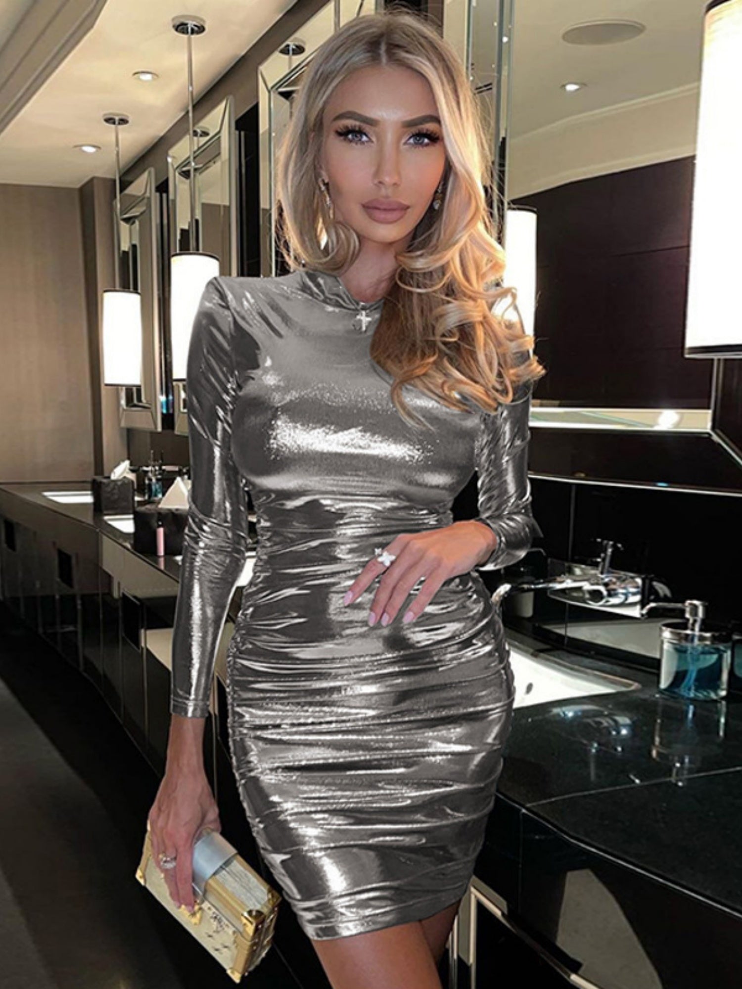 Metallic Gloss Pleated Long-sleeved Bodycon Mini&Short Dresses