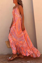 Halter Backless Printed Maxi Ruffle Swing Dress
