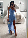 Multi-layer Ruffles Irregular Slit V-neck Vacation Maxi Dresses