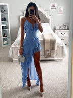 Multi-layer Ruffles Irregular Slit V-neck Vacation Maxi Dresses