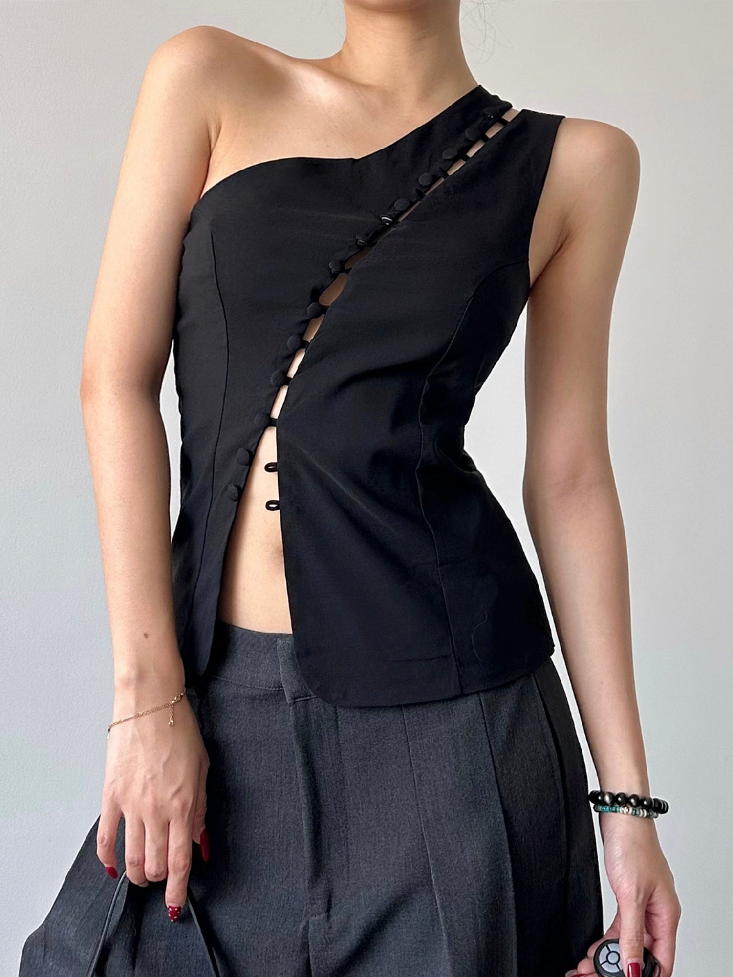 Hollow Out Asymmetrical Collar Buttons Tank Tops