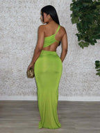 Ribbon Pleated One Shoulder Backless Maxi Dresses