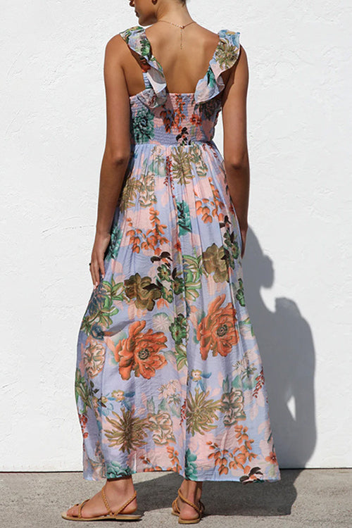 Sleeveless V Neck Floral Print Maxi Holiday Dress