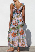 Sleeveless V Neck Floral Print Maxi Holiday Dress