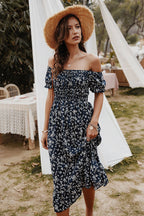 Off Shoulder Smocked Bodice Puff Sleeve Ruffle Hem Floral Midi Dress