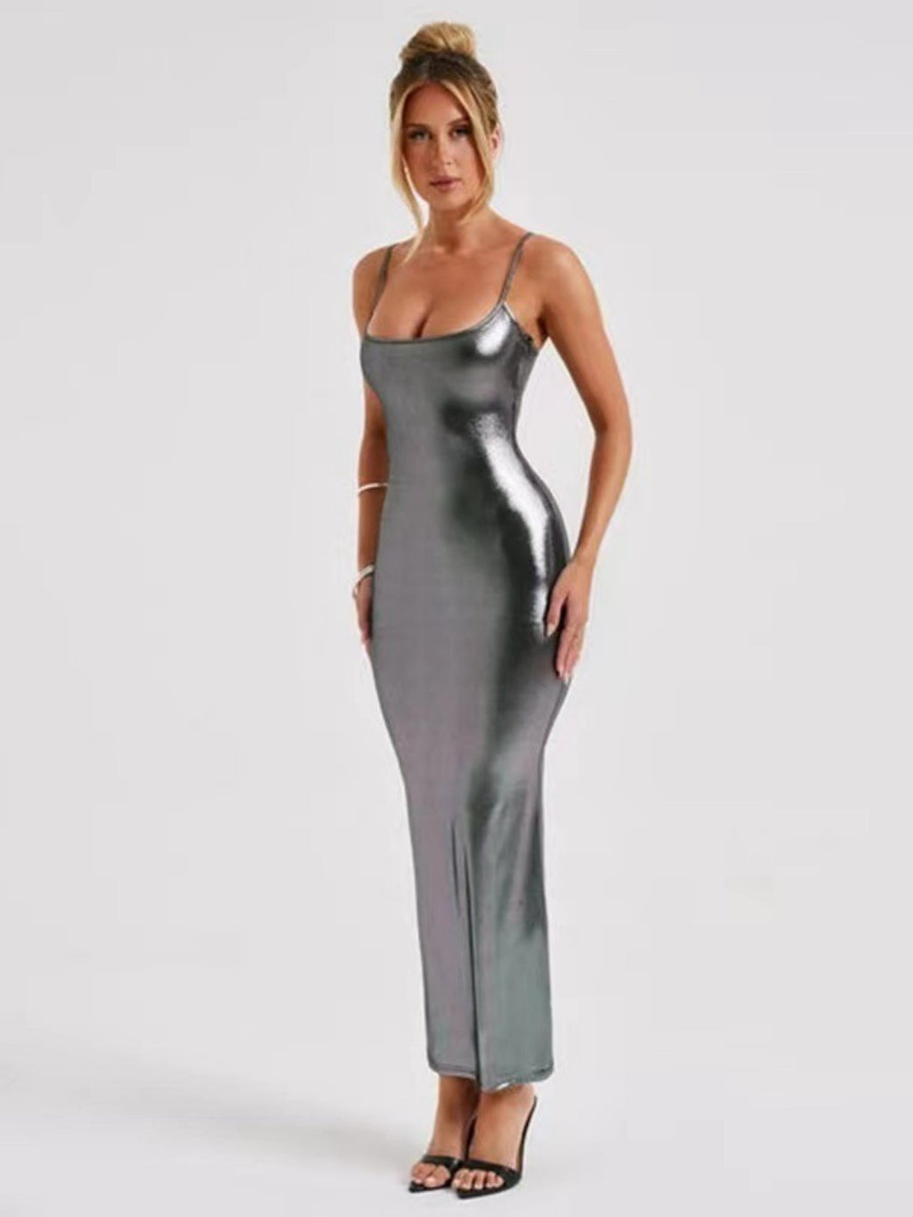Metallic Gloss Spaghetti Strap Bodycon Maxi Dresses