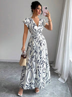 Ruffle Leaf Print V-neck Sexy Slim-fit Long Dress