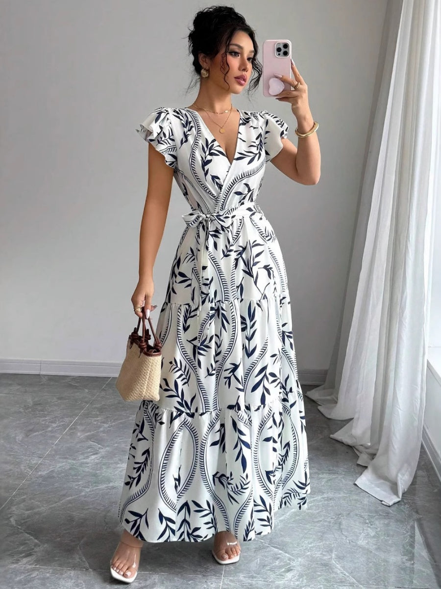 Ruffle Leaf Print V-neck Sexy Slim-fit Long Dress