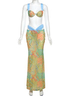 Color-blocked Print Strappy Top High-waisted Midi Skirt 3 Piece Bikinis