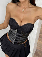 PU Mirror Leather Lace Patchwork Straps Strapless Vest