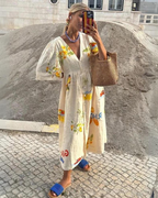 Addison Aesthetic Oversized V Neck Dress for Women in Beige Designer Edit