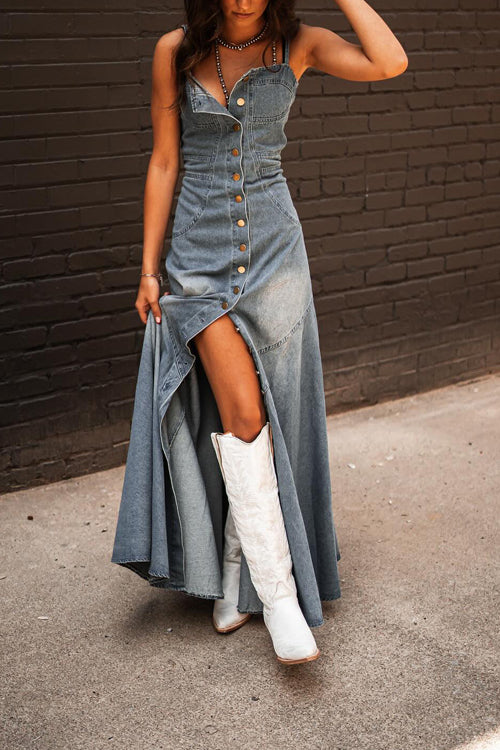 Denim Spaghetti Strap Button Front Pocket High Split Maxi Dress