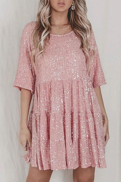 Sequin Tiered Ruffle Short Sleeve Babydoll Mini Dress