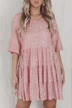 Sequin Tiered Ruffle Short Sleeve Babydoll Mini Dress