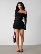 Bodycon Lace Off-shoulder Top Long Sleeve Slim Fit Sexy Short Dress For Cocktail Party