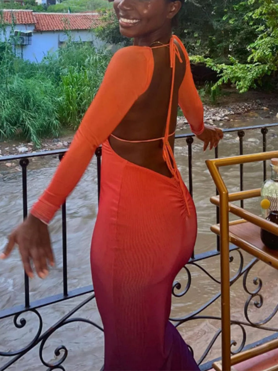 Deep V Gradient Backless Hip-hugging Sexy Stretch Maxi Dresses