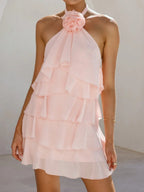 3D Flowers Halter Neck And Backless Layered Ruffles Sweet Mini&Short Dresses