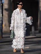 Hollow 3D Flowers Long Sleeve Vacation Maxi Dresses