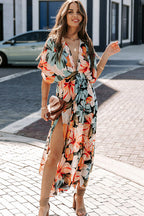 Patchwork Print Deep V-Neck Flutter Sleeve High Split Maxi Dress