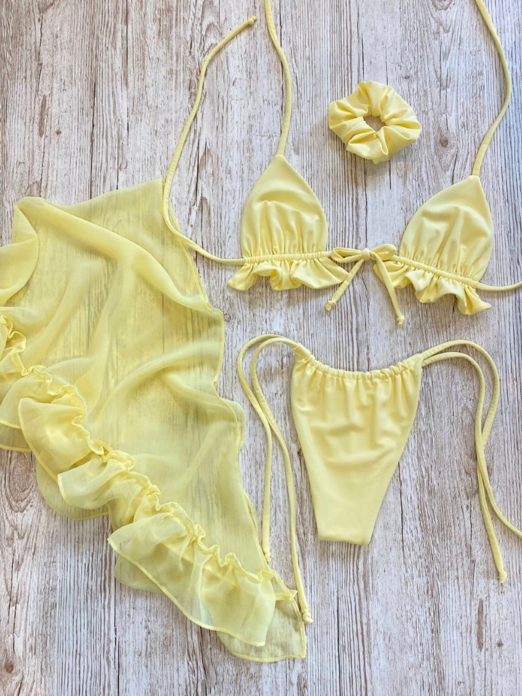 Mesh Skirt With Ruffled Trim, Solid Color Bikini Three-piece Set