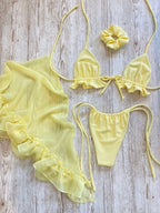 Mesh Skirt With Ruffled Trim, Solid Color Bikini Three-piece Set