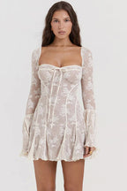 Square Neck Corset Tie Front Floral Lace Bell Sleeve Mini Dress