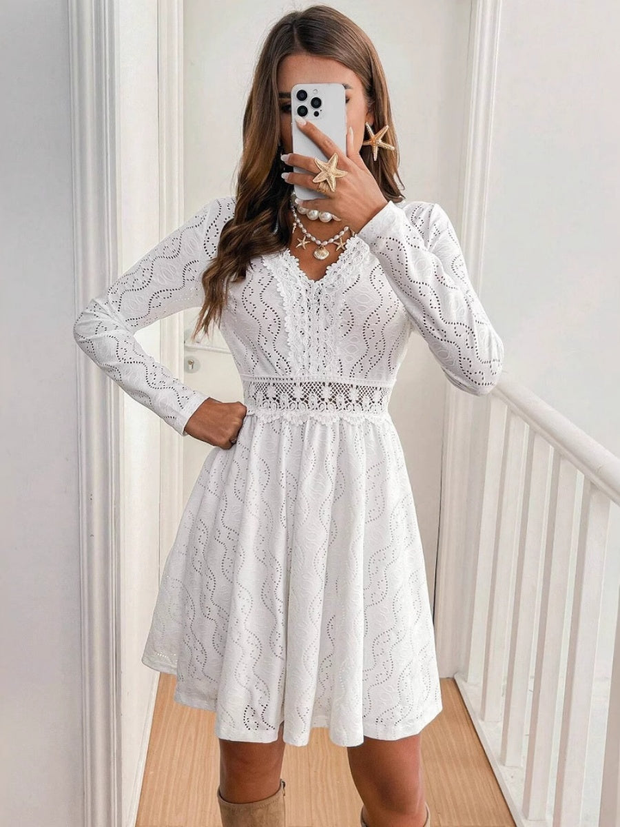 Hollow Lace Splicing Long Sleeve Mini&Short Dresses