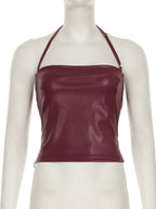 PU Leather Neckband Backless And Waist-cinching Tank Tops