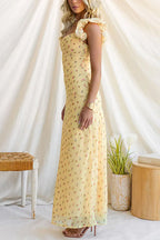 Ruffle Sleeves Floral Print Mesh Overlay Maxi Dress