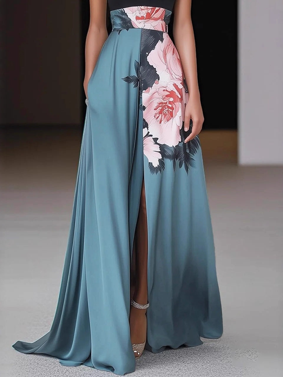 Floral Print Color Blocking Sleeveless Long Dress