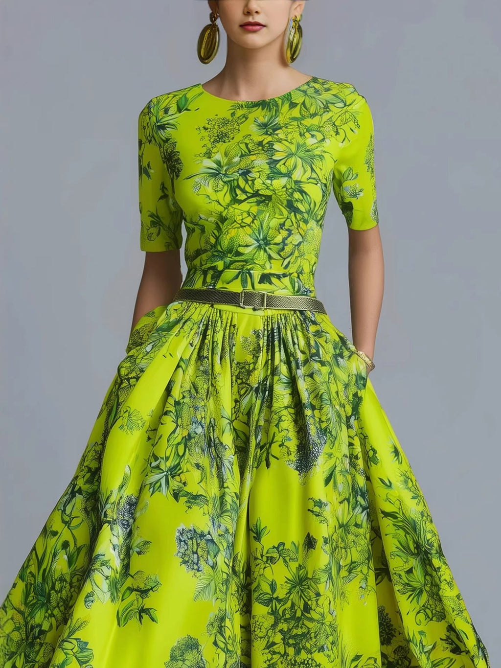 Printed Crew Neck Short Sleeve Zipper Maxi Dresses