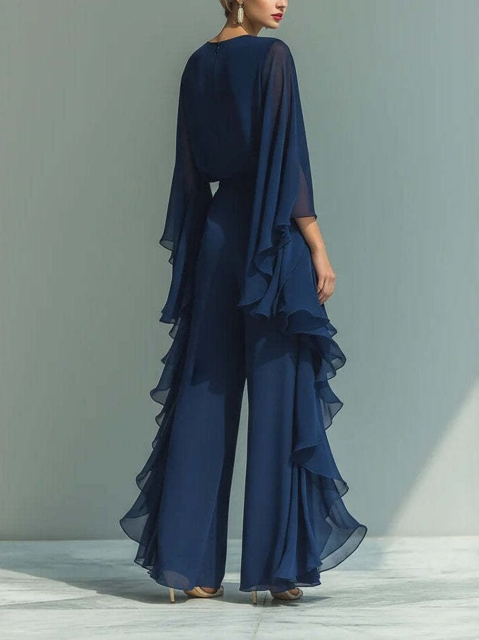 Dark Blue Ruffled Wide-leg Pants And Long-sleeved Top Two-piece Set