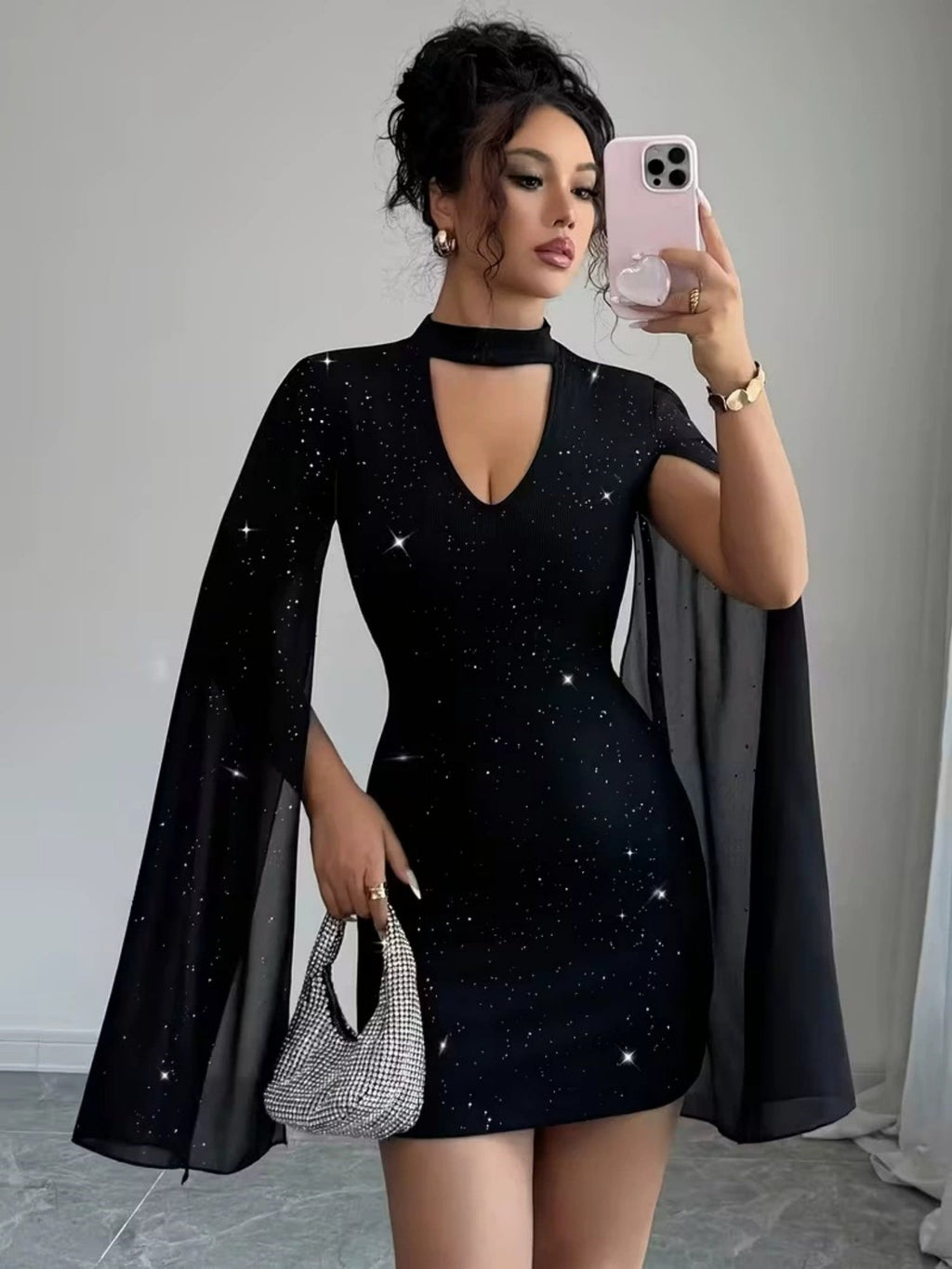Sequins Chiffon Cape Openwork Chest Mini&Short Dresses