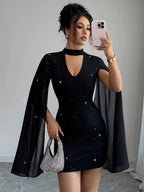 Sequins Chiffon Cape Openwork Chest Mini&Short Dresses