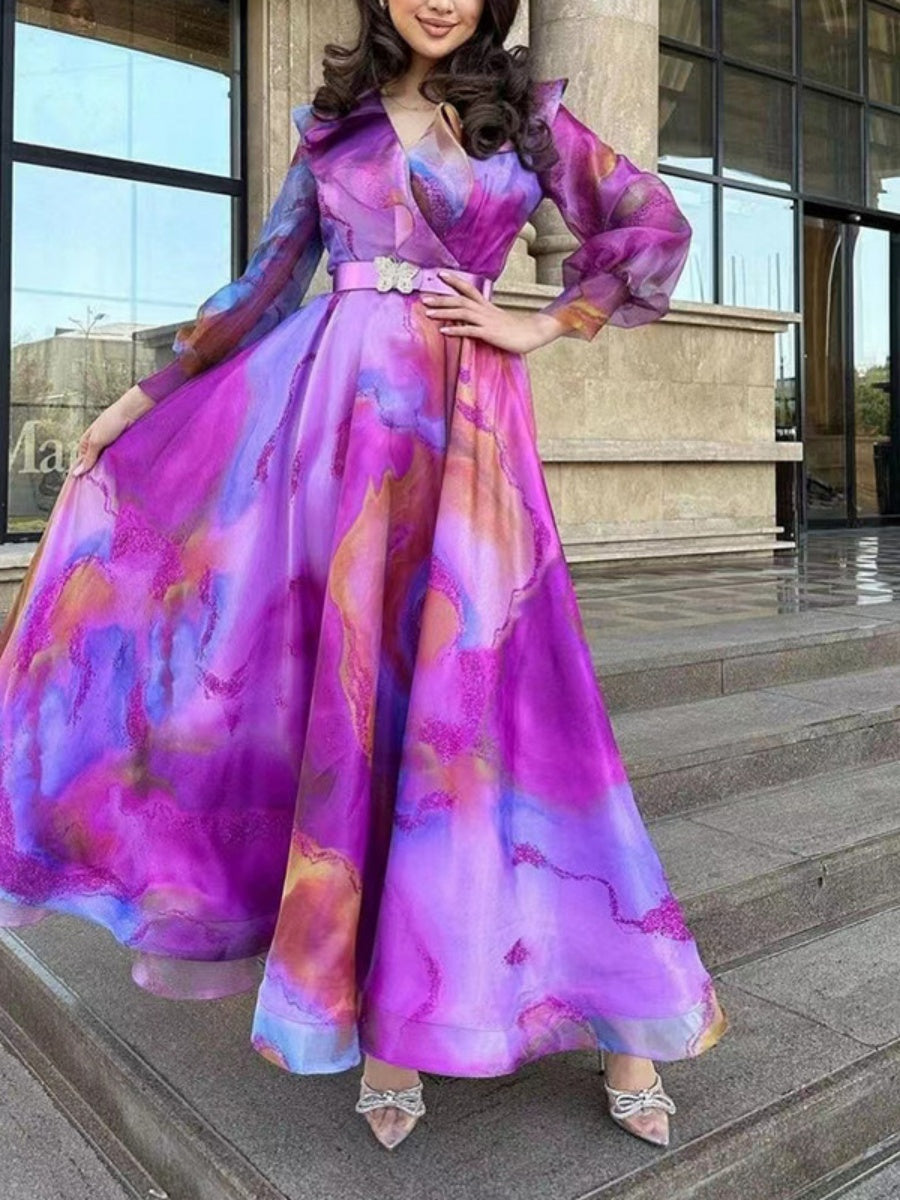 Gradient Print Mesh Long Dress