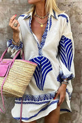 Embroidered V-Neck Balloon Sleeve Oversized Mini Dress