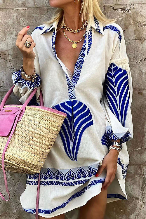 Embroidered V-Neck Balloon Sleeve Oversized Mini Dress